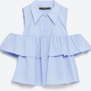 Zara blue poplin shoulder cutout button up top